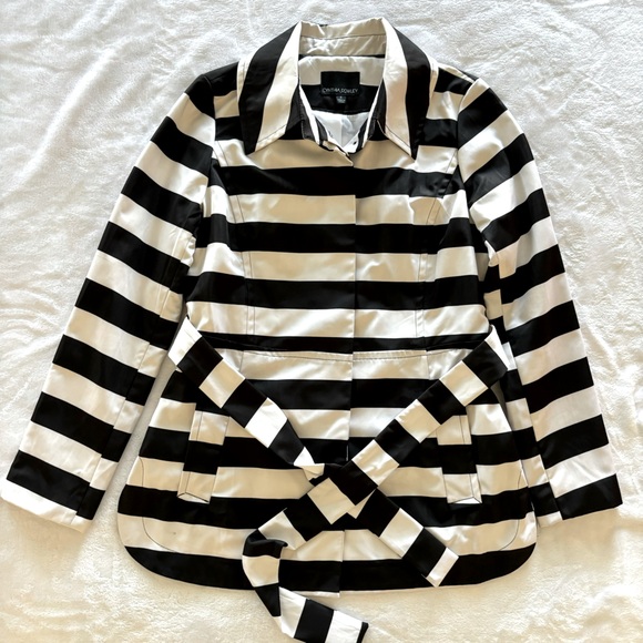 CYNTHIA ROWLEY Black & White Striped Short Trench Coat--EUC--S - Picture 10 of 16